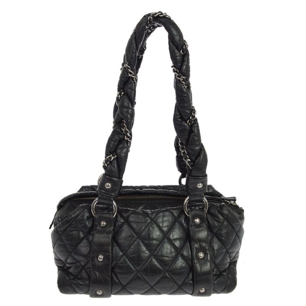 Chanel Lady Braid Bowler Quilted Distressed Calfskin Black Leather Handbag
